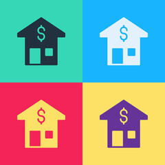 Pop art House with dollar symbol icon isolated on color background. Home and money. Real estate concept. Vector