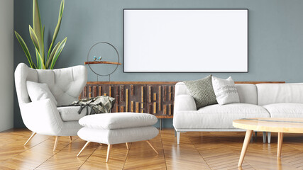 Fototapeta na wymiar Modern beautiful interior room with a white painting. Clean and lightweight design with wooden floors and light walls. 3d rendering