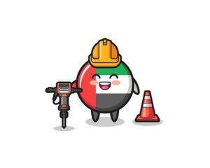 road worker mascot of uae flag holding drill machine