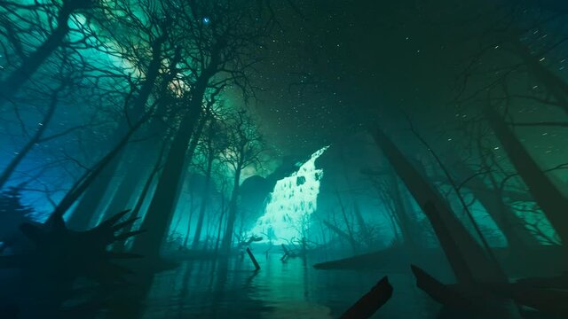 Glowing waterfall over the misty river in the middle of a dark forest at night.