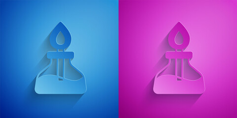 Paper cut Alcohol or spirit burner icon isolated on blue and purple background. Chemical equipment. Paper art style. Vector