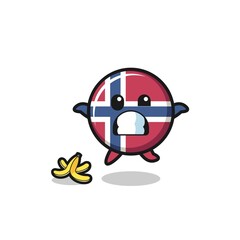norway flag cartoon is slip on a banana peel