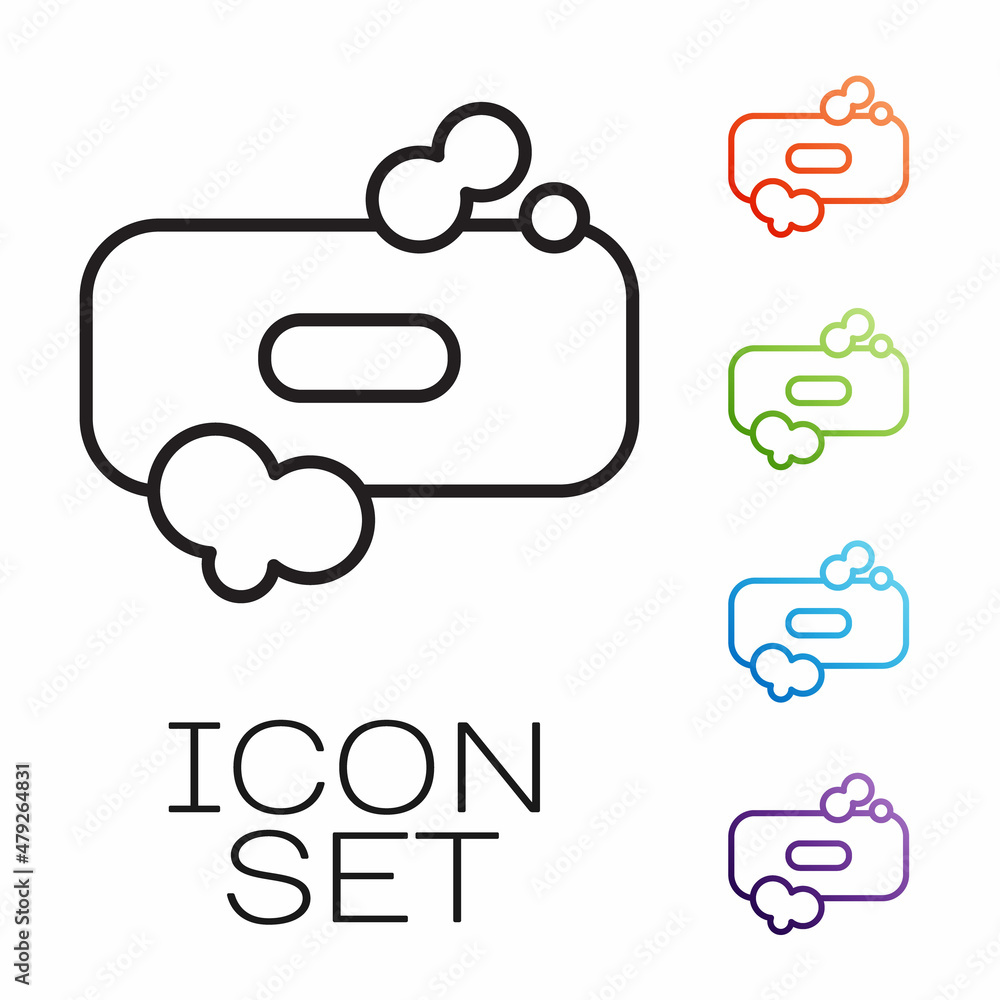 Poster black line bar of soap icon isolated on white background. soap bar with bubbles. set icons colorful.