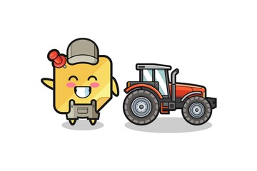 the sticky notes farmer mascot standing beside a tractor