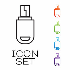 Black line USB flash drive icon isolated on white background. Set icons colorful. Vector Illustration