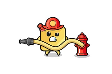 sticky notes cartoon as firefighter mascot with water hose