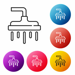 Black line Shower head with water drops flowing icon isolated on white background. Set icons colorful circle buttons. Vector