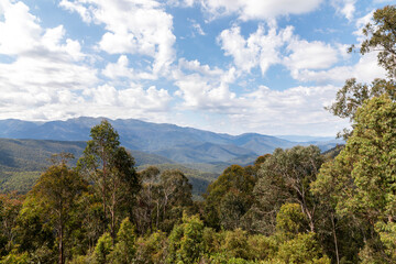 Photograph of a large range and valley in the Snowy Mountains in Australia