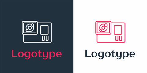 Logotype line Action extreme camera icon isolated on white background. Video camera equipment for filming extreme sports. Logo design template element. Vector