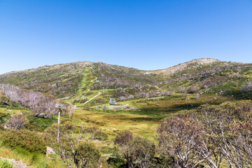Photograph of a ski run in summer in the Snowy Mountains in Australia