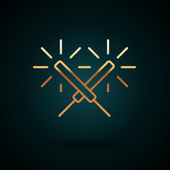 Gold line Sparkler firework icon isolated on dark blue background. Festive Christmas sparkler candle lights. Merry Christmas and Happy New Year. Vector