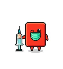 red card mascot as vaccinator