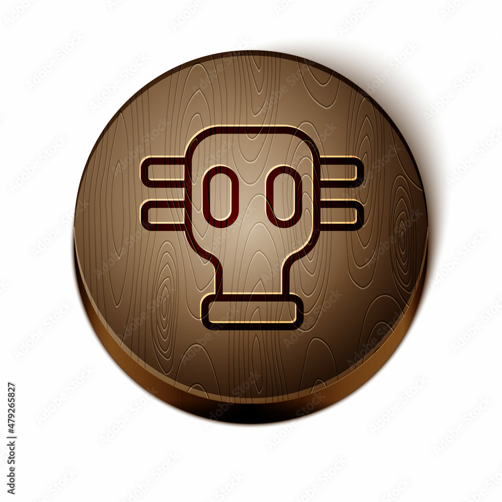 Sticker brown line gas mask icon isolated on white background. respirator sign. wooden circle button. vector