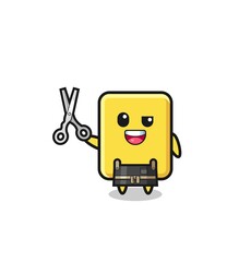 yellow card character as barbershop mascot