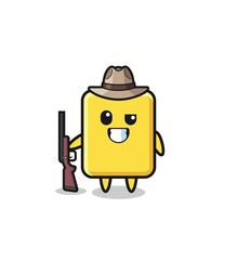 yellow card hunter mascot holding a gun