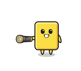 yellow card mascot holding flashlight