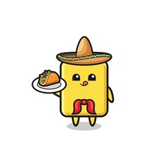 yellow card Mexican chef mascot holding a taco