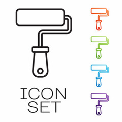 Black line Paint roller brush icon isolated on white background. Set icons colorful. Vector