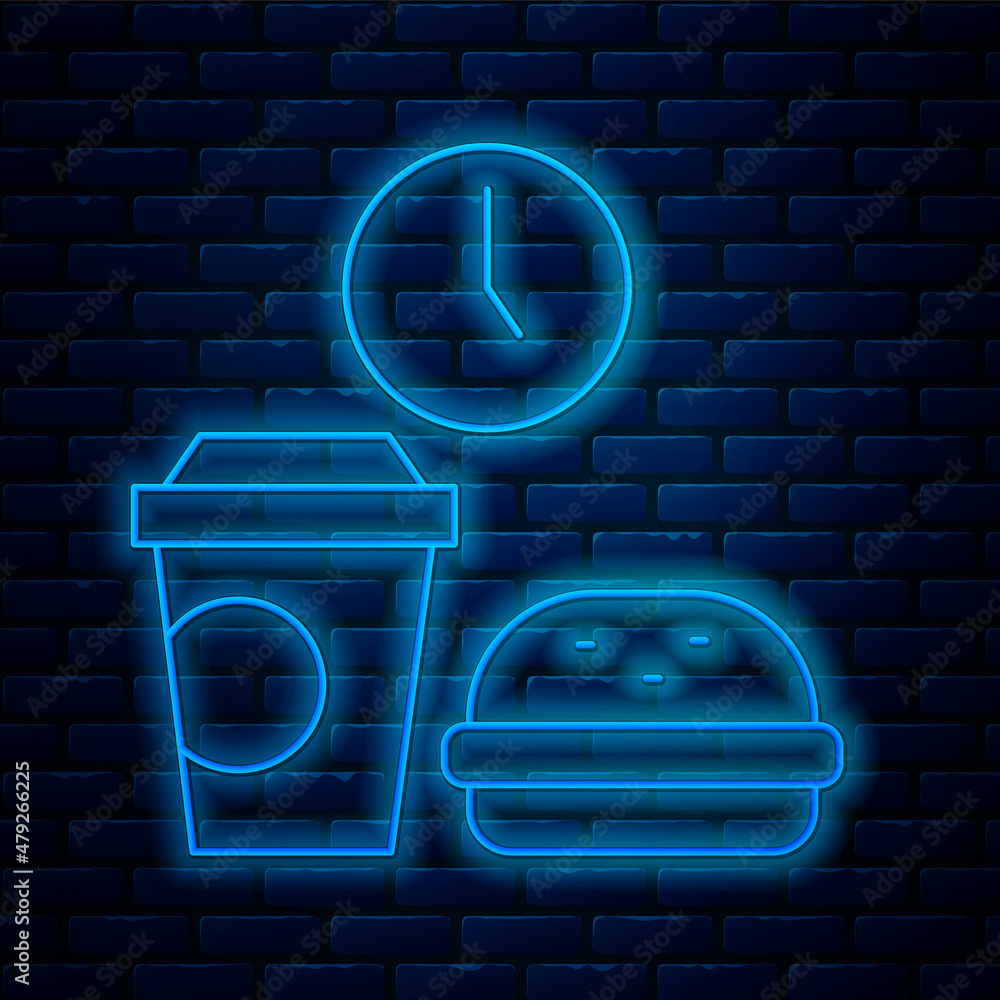 Poster Glowing neon line Fast food time icon isolated on brick wall background. Vector