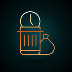 Gold line Waste of time icon isolated on dark blue background. Trash can. Garbage bin sign. Recycle basket icon. Office trash icon. Vector