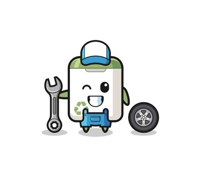 the trash can character as a mechanic mascot