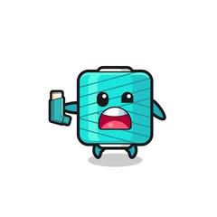 yarn spool mascot having asthma while holding the inhaler