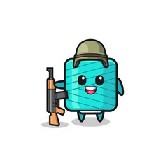 cute yarn spool mascot as a soldier