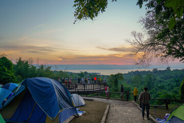 Camping and tent under the pine forest in sunset at north of Thailand, Picture of camping point at morning, Summertime