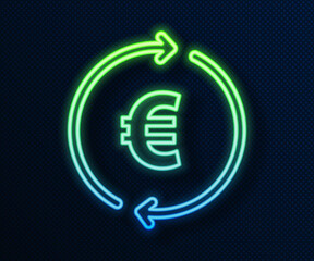 Glowing neon line Coin money with euro symbol icon isolated on blue background. Banking currency sign. Cash symbol. Vector
