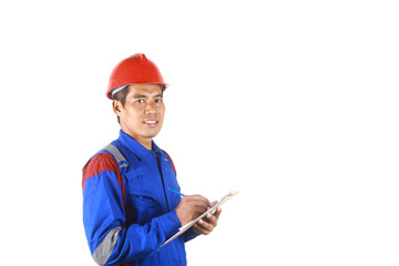 asian technician man in uniform and safety helmet isolated on white background, space for design