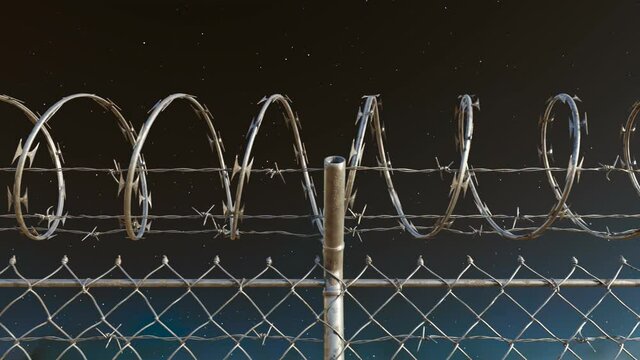 Endless view at the top of prison or airport fence on night sky background. 4kHD