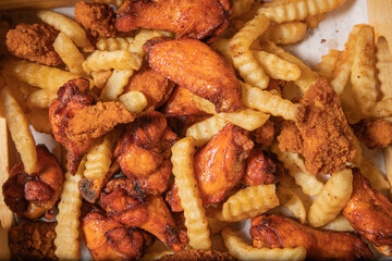 Platón de botanas en bar, alitas chiken wings, papas fritas french fries y boneless 3