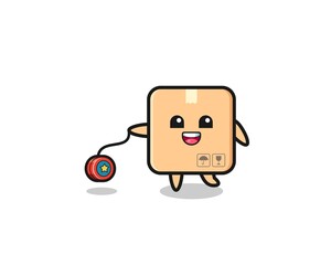 cartoon of cute cardboard box playing a yoyo