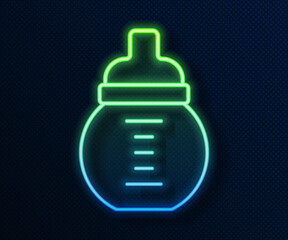 Glowing neon line Baby milk in a bottle icon isolated on blue background. Feeding bottle icon. Vector