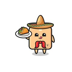 cardboard box Mexican chef mascot holding a taco