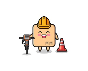 road worker mascot of cardboard box holding drill machine