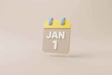 Calendar minimal simple design and date january 1 on brown background. 3d rendering illustration