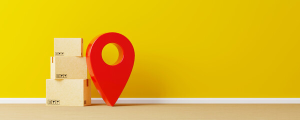 Online shopping concept. E-commerce shipping and delivery at home. Carton paper box on the floor and blank wall empty space and icon pin location. 3d rendering