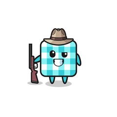 checkered tablecloth hunter mascot holding a gun