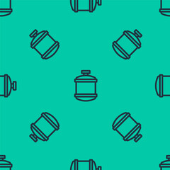 Blue line Propane gas tank icon isolated seamless pattern on green background. Flammable gas tank icon. Vector