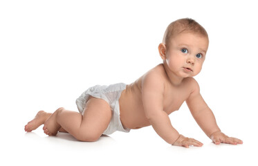 Cute little baby in diaper crawling on white background