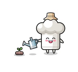 cute chef hat is watering plant seeds