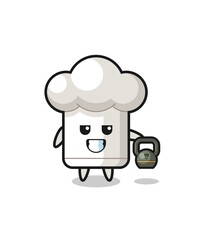chef hat mascot lifting kettlebell in the gym