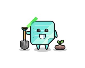 cute blue sticky notes cartoon is planting a tree seed