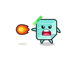 cute blue sticky notes mascot is shooting fire power