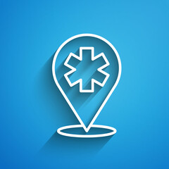 White line Medical map pointer with cross hospital icon isolated on blue background. Long shadow. Vector
