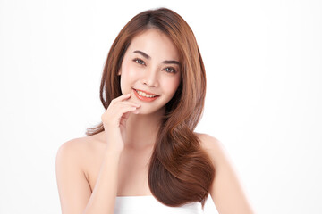 Fototapeta premium Beautiful young asian woman with clean fresh skin on white background, Face care, Facial treatment, Cosmetology, beauty and spa, Asian women portrait.