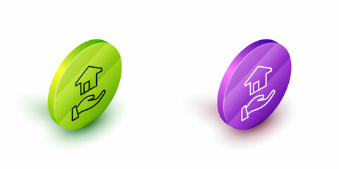 Isometric line Realtor icon isolated on white background. Buying house. Green and purple circle buttons. Vector