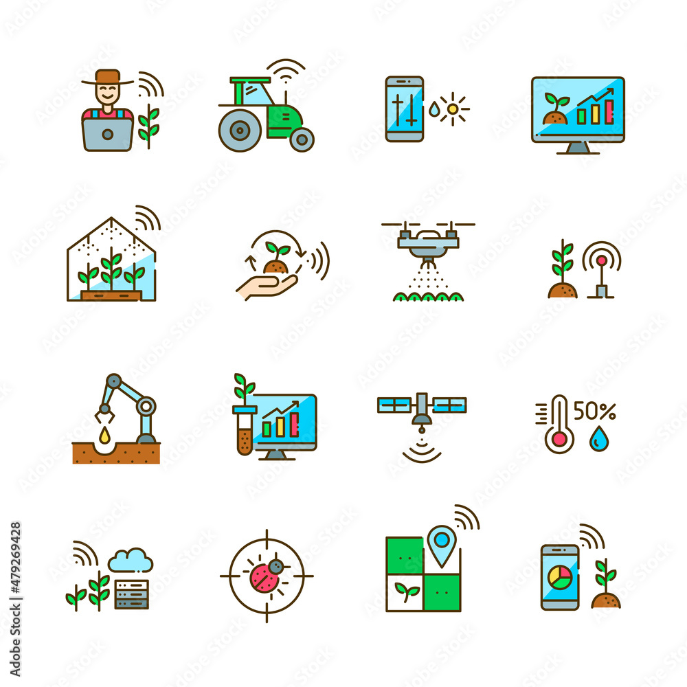 Poster smart farming icons set. farmer using internet of things, drones and robots for precise farming. pix