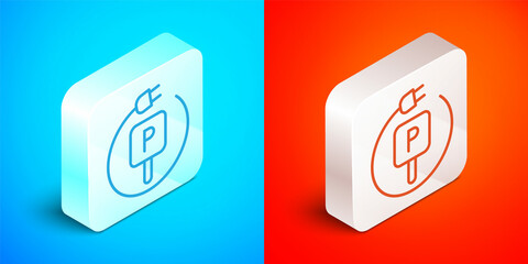 Isometric line Charging parking electric car icon isolated on blue and red background. Silver square button. Vector
